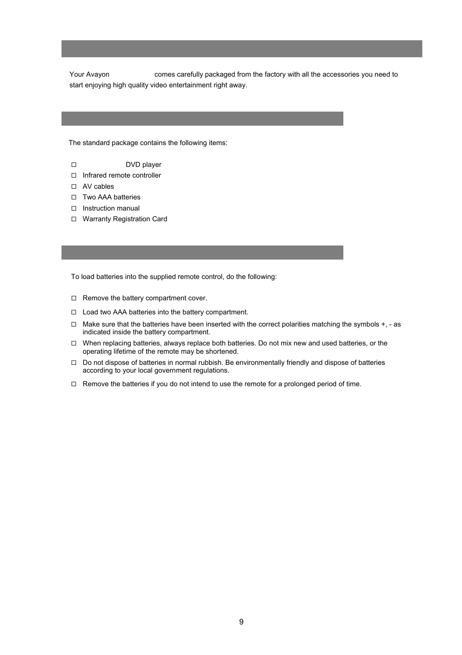 Preparing for installation, Unpack the player, Load batteries into the remote control | Npack the, Layer, Atteries into the, Emote, Ontrol | Avayon DXP-1000 G2 User Manual | Page 9 / 39