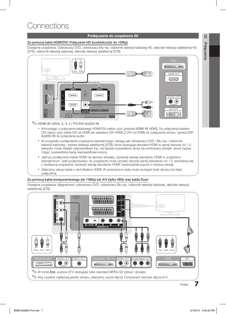 Connections, 02 połączenia, Podłączanie do urządzenia av | Dvd polski, Odtwarzacz blu-ray dvd magnetowid dvd | Samsung LE40C630K1W User Manual | Page 105 / 491