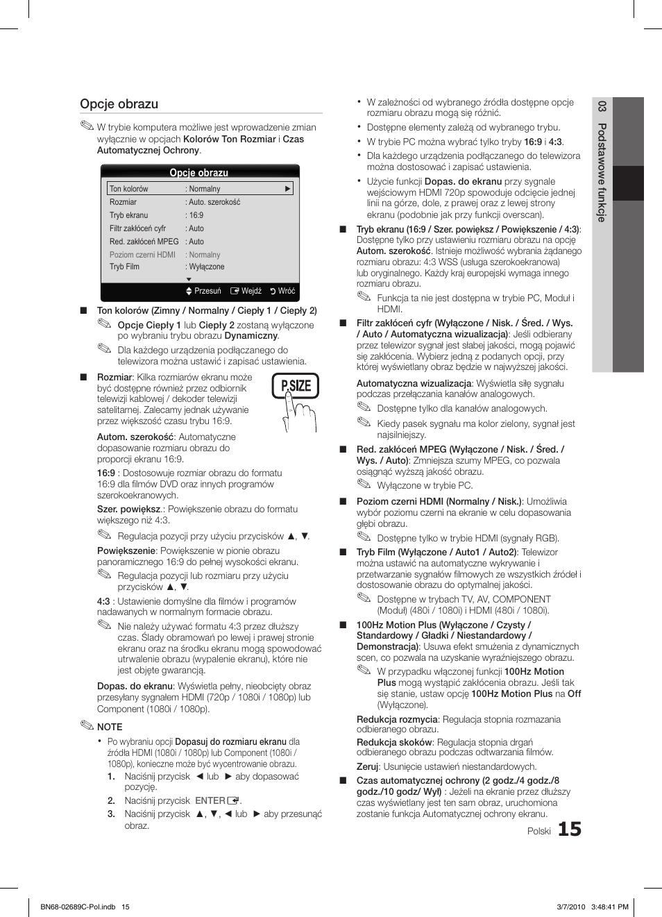 S.mode p.mode, Opcje obrazu | Samsung LE40C630K1W User Manual | Page 113 / 491