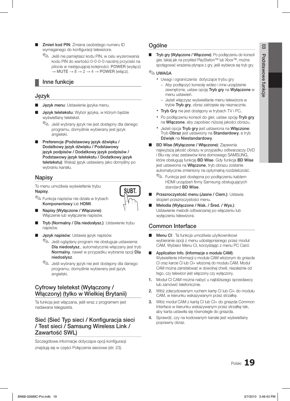 S.mode p.mode, Inne funkcje ¦ język, Napisy | Ogólne, Common interface | Samsung LE40C630K1W User Manual | Page 117 / 491