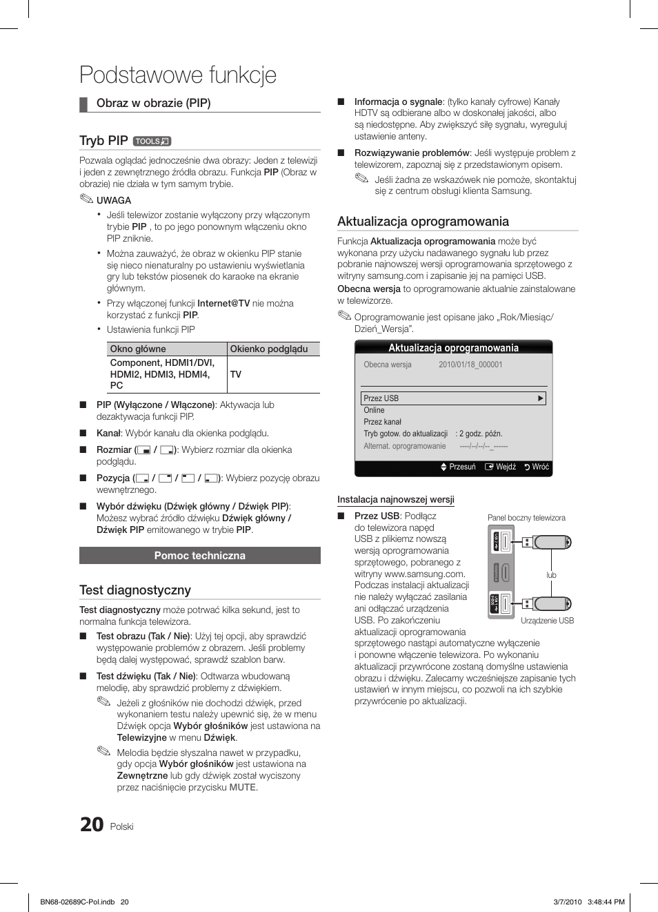 Podstawowe funkcje, Tryb pip, Test diagnostyczny | Aktualizacja oprogramowania | Samsung LE40C630K1W User Manual | Page 118 / 491