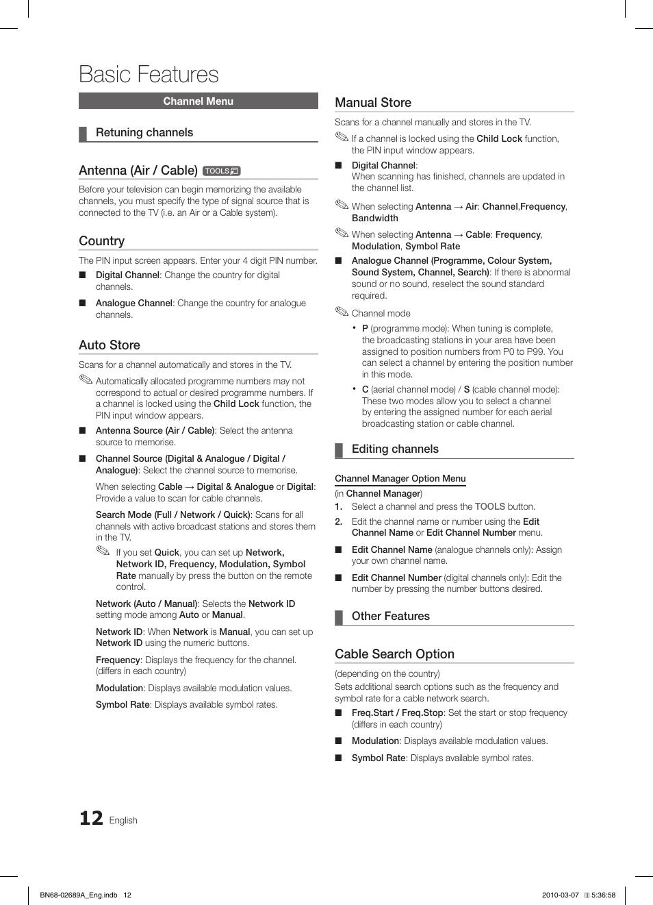 Basic features, Antenna (air / cable), Country | Auto store, Manual store, Cable search option | Samsung LE40C630K1W User Manual | Page 12 / 491