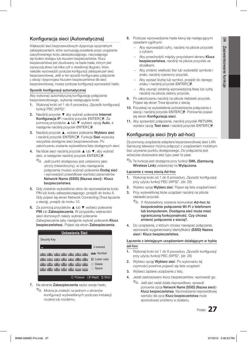 Konfiguracja sieci (automatyczna), Konfiguracja sieci (tryb ad-hoc) | Samsung LE40C630K1W User Manual | Page 125 / 491