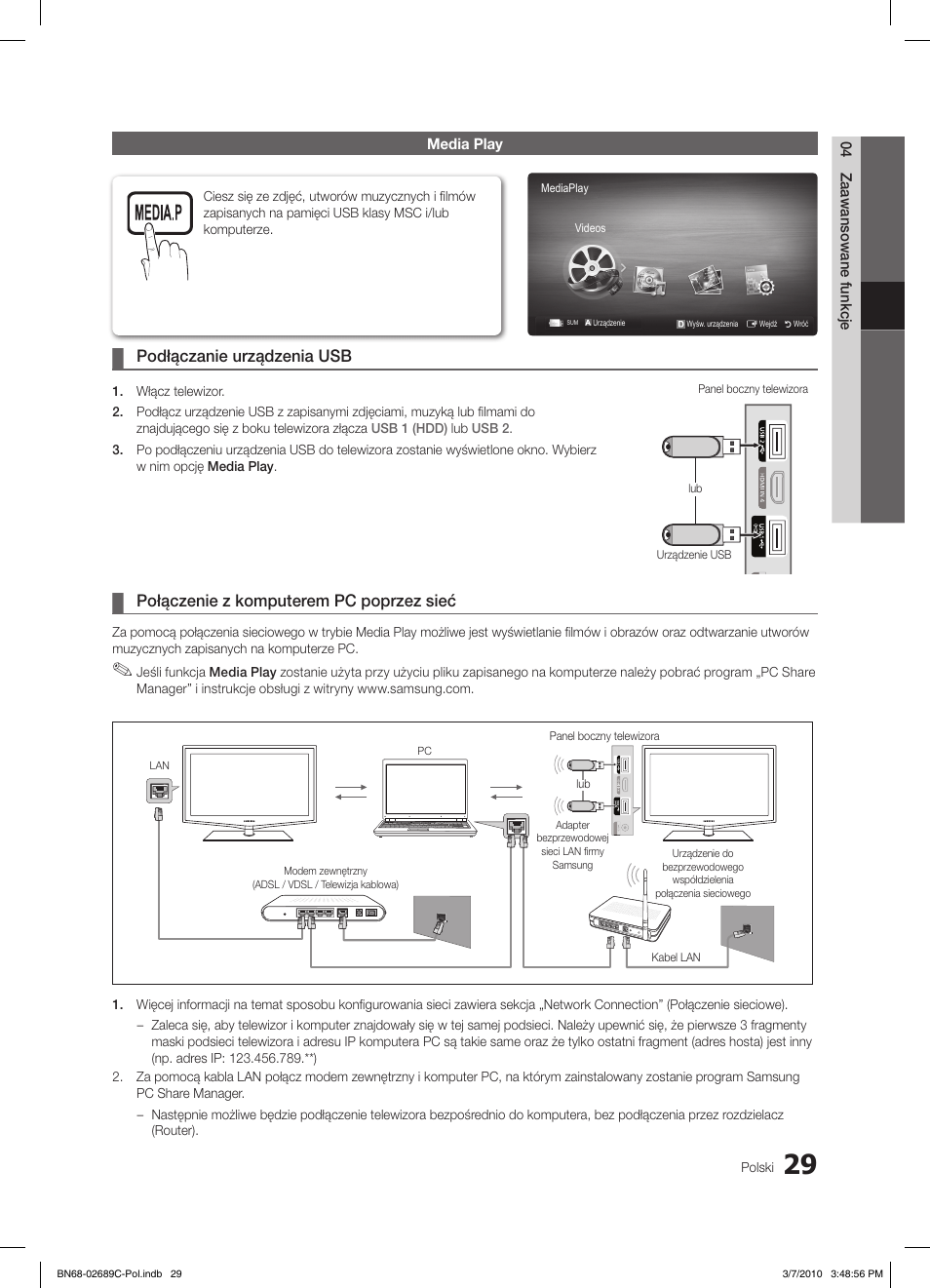 S.mode p.mode, Podłączanie urządzenia usb, Połączenie z komputerem pc poprzez sieć | Samsung LE40C630K1W User Manual | Page 127 / 491