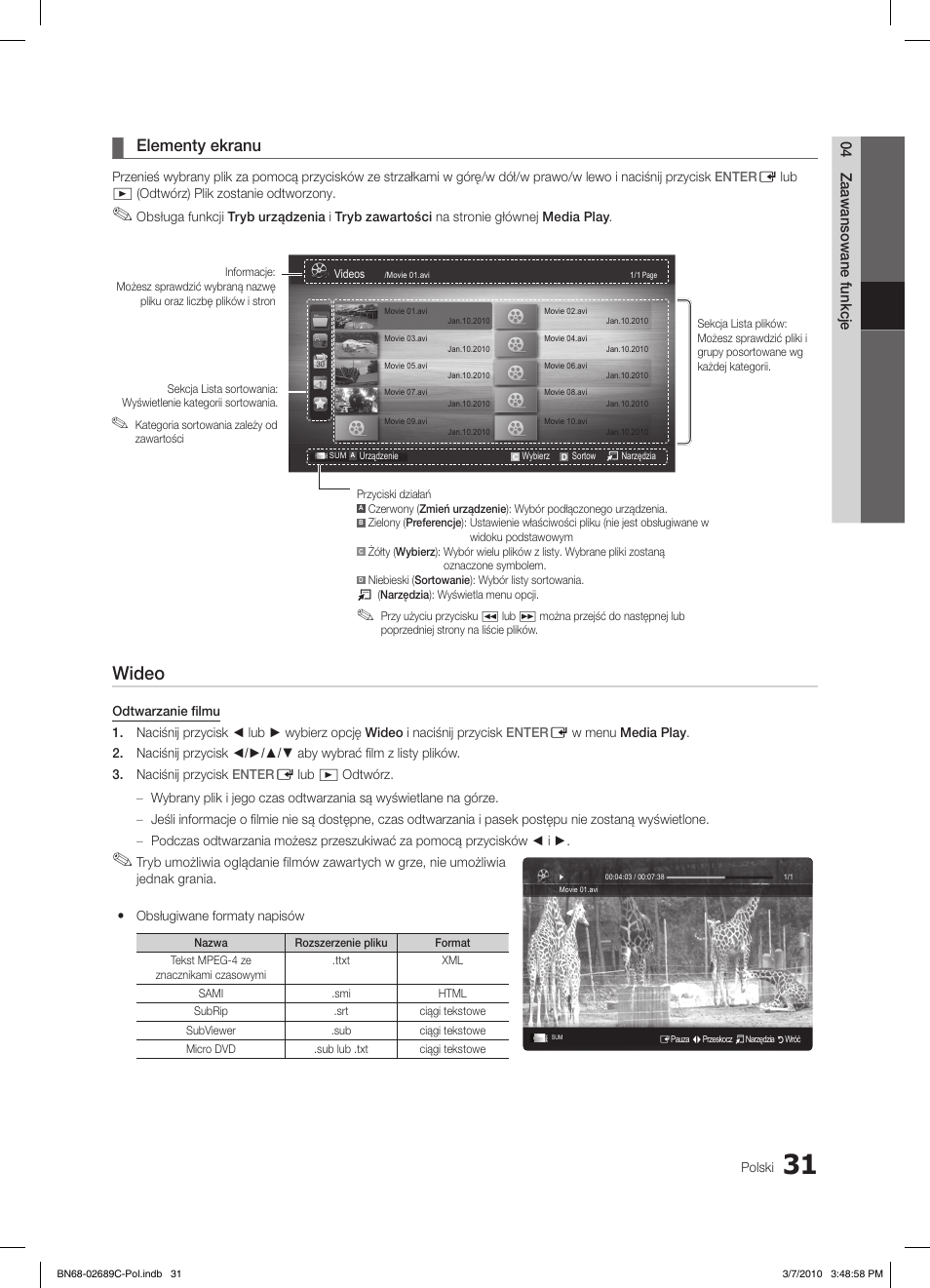 Wideo, Elementy ekranu | Samsung LE40C630K1W User Manual | Page 129 / 491