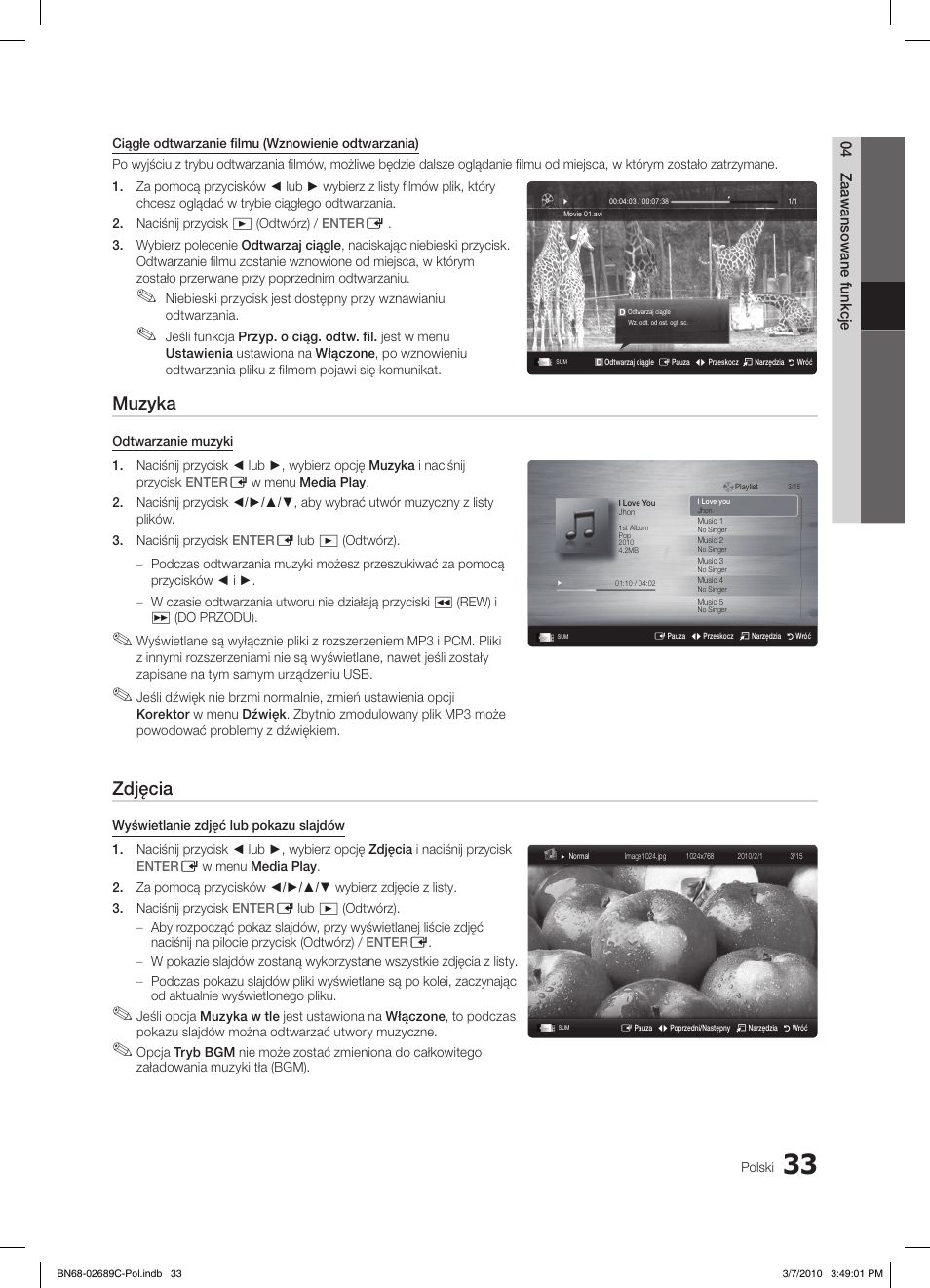 Muzyka, Zdjęcia | Samsung LE40C630K1W User Manual | Page 131 / 491