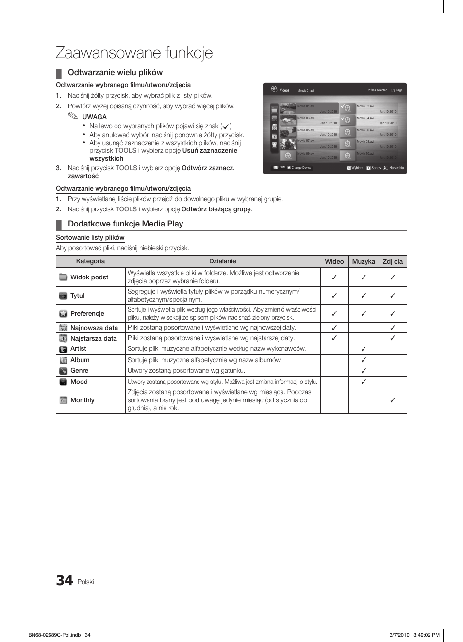 Zaawansowane funkcje, Odtwarzanie wielu plików, Dodatkowe funkcje media play | Samsung LE40C630K1W User Manual | Page 132 / 491