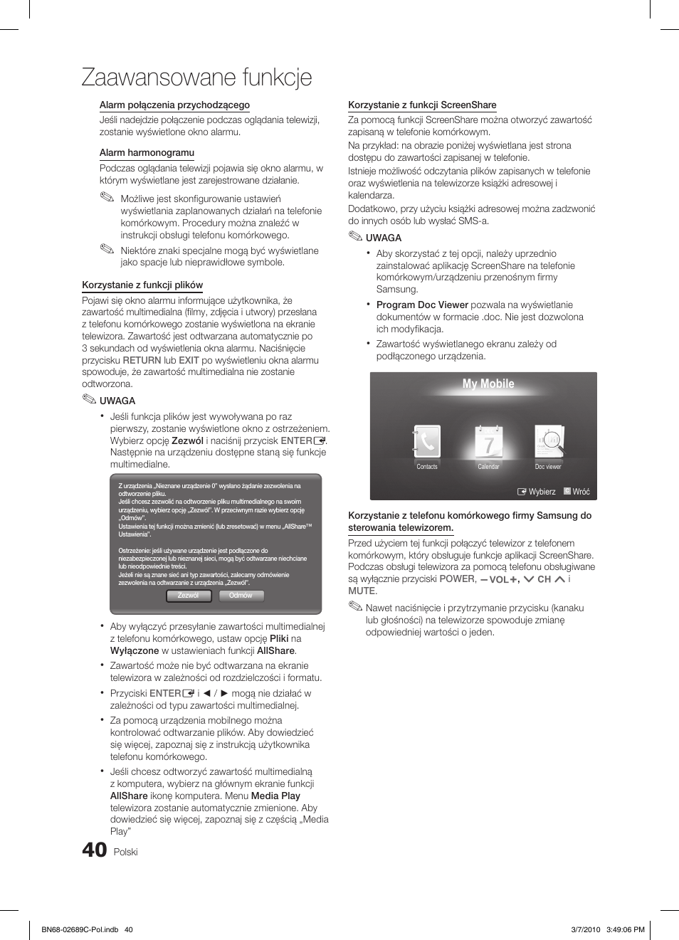 Zaawansowane funkcje | Samsung LE40C630K1W User Manual | Page 138 / 491