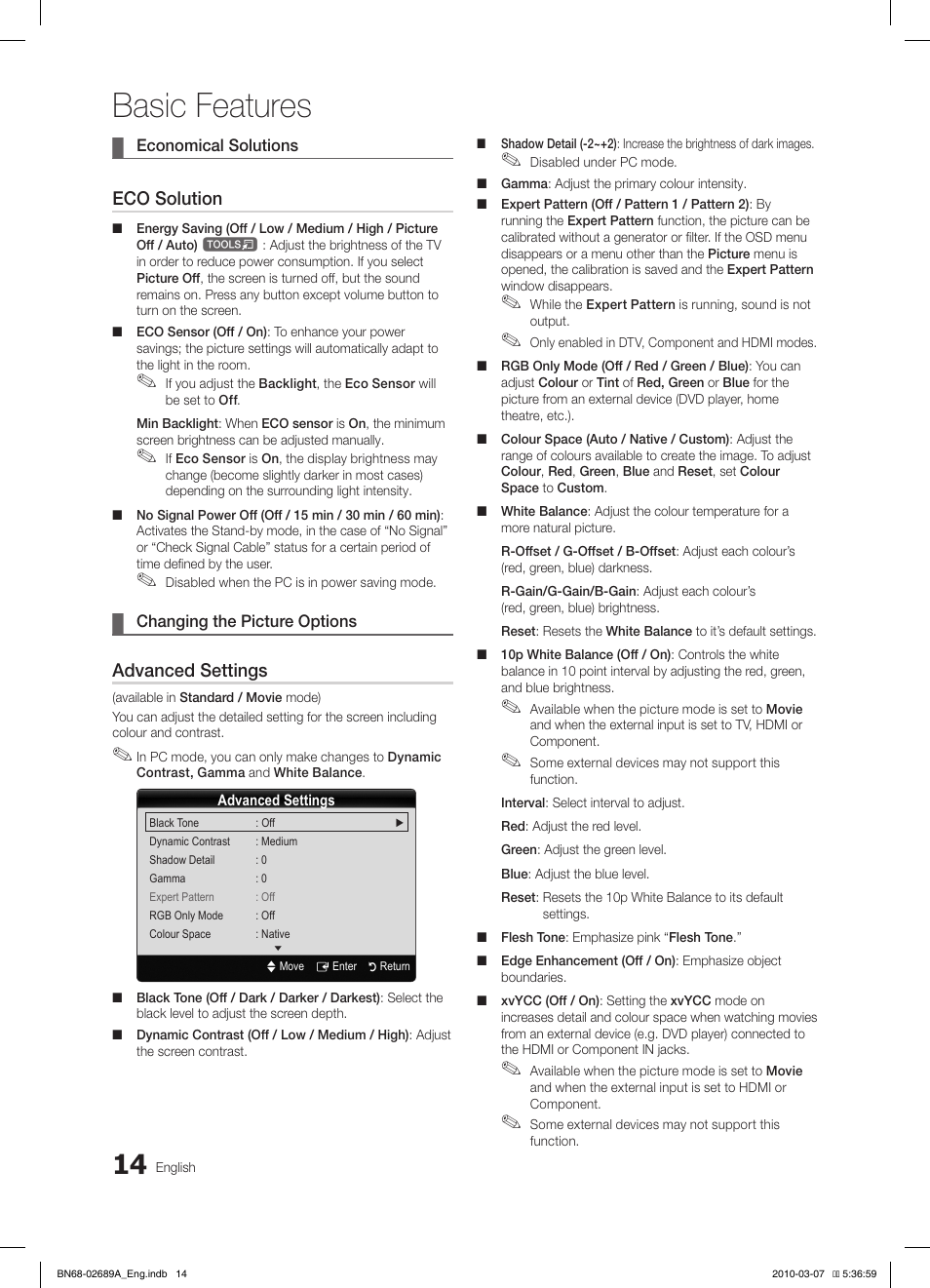 Basic features, Eco solution, Advanced settings | Samsung LE40C630K1W User Manual | Page 14 / 491