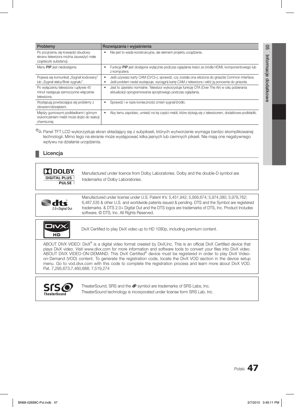 Licencja | Samsung LE40C630K1W User Manual | Page 145 / 491