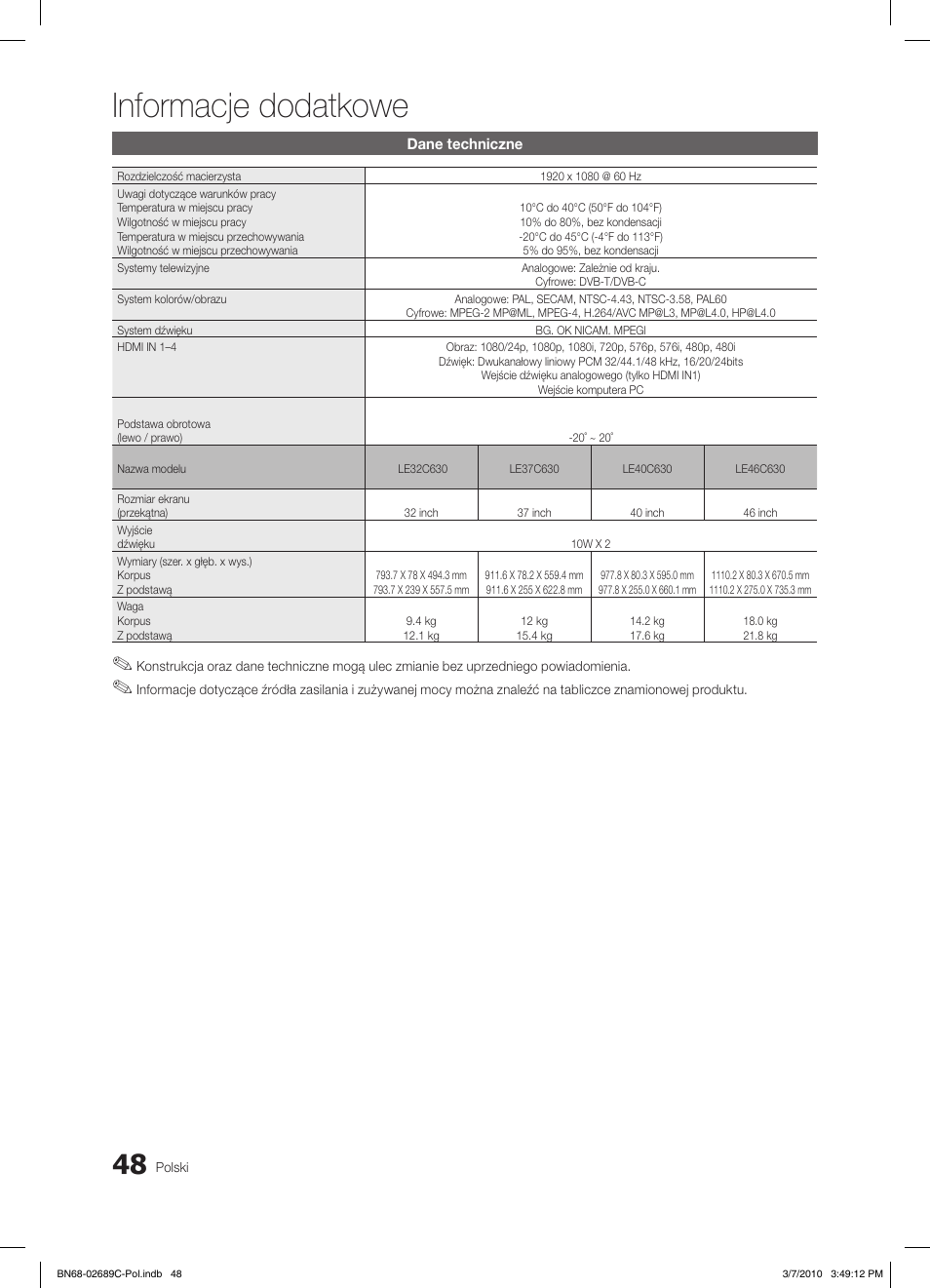 Informacje dodatkowe | Samsung LE40C630K1W User Manual | Page 146 / 491