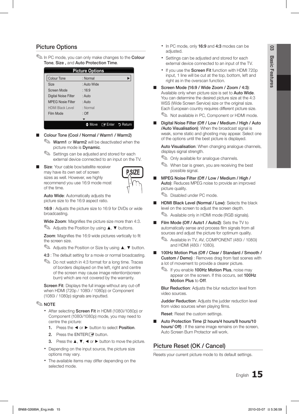 S.mode p.mode, Picture options, Picture reset (ok / cancel) | Samsung LE40C630K1W User Manual | Page 15 / 491