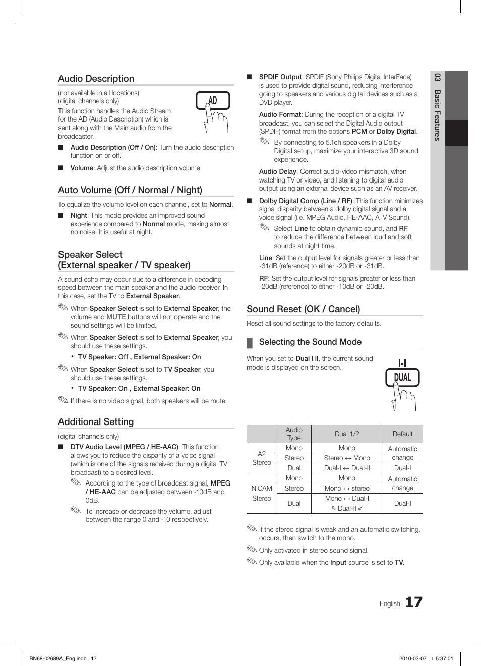 S.mode p.mode s.mode p.mode, Audio description, Auto volume (off / normal / night) | Speaker select (external speaker / tv speaker), Additional setting, Sound reset (ok / cancel) | Samsung LE40C630K1W User Manual | Page 17 / 491