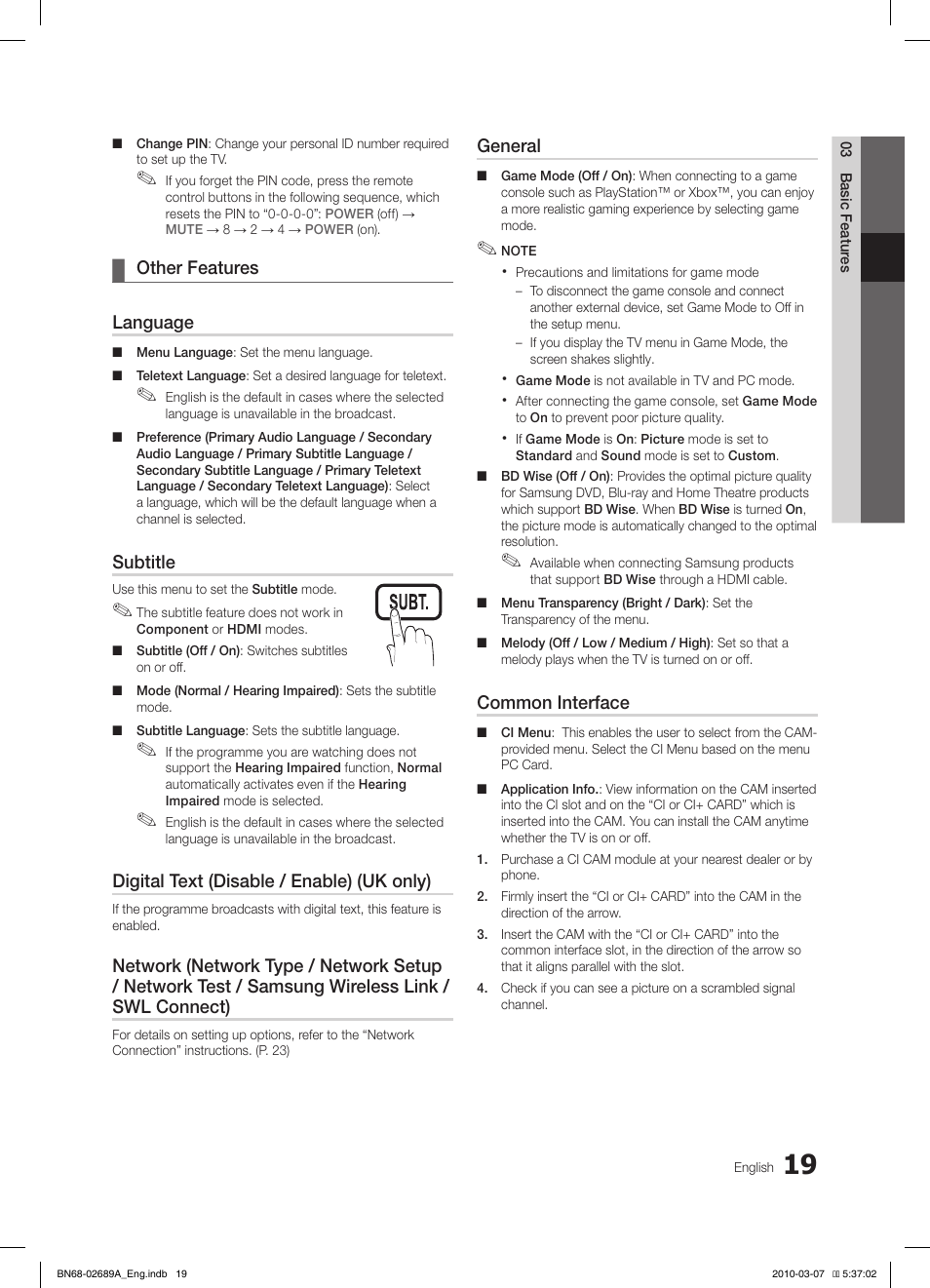 S.mode p.mode, Other features ¦ language, Subtitle | Digital text (disable / enable) (uk only), General, Common interface | Samsung LE40C630K1W User Manual | Page 19 / 491