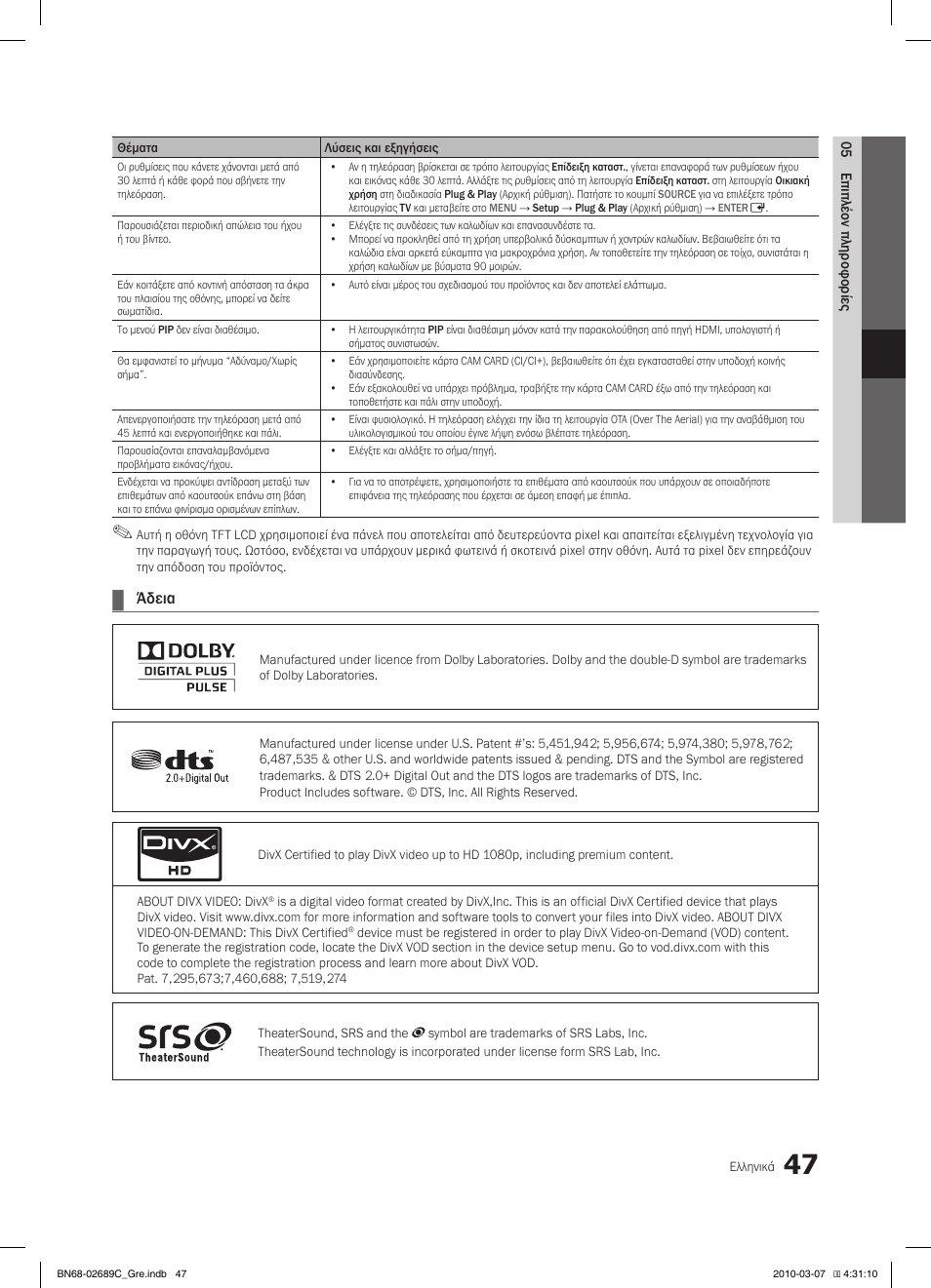 Άδεια | Samsung LE40C630K1W User Manual | Page 194 / 491