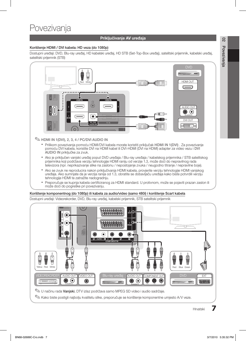 Povezivanja, 02 povezivanja, Priključivanje av uređaja | Hrvatski, Dvd blu-ray uređaj dvd videorekorder | Samsung LE40C630K1W User Manual | Page 252 / 491