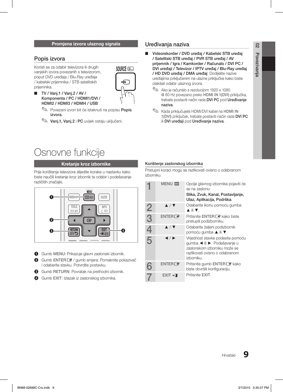 Osnovne funkcije, S.mode p.mode, Popis izvora | Uređivanja naziva | Samsung LE40C630K1W User Manual | Page 254 / 491