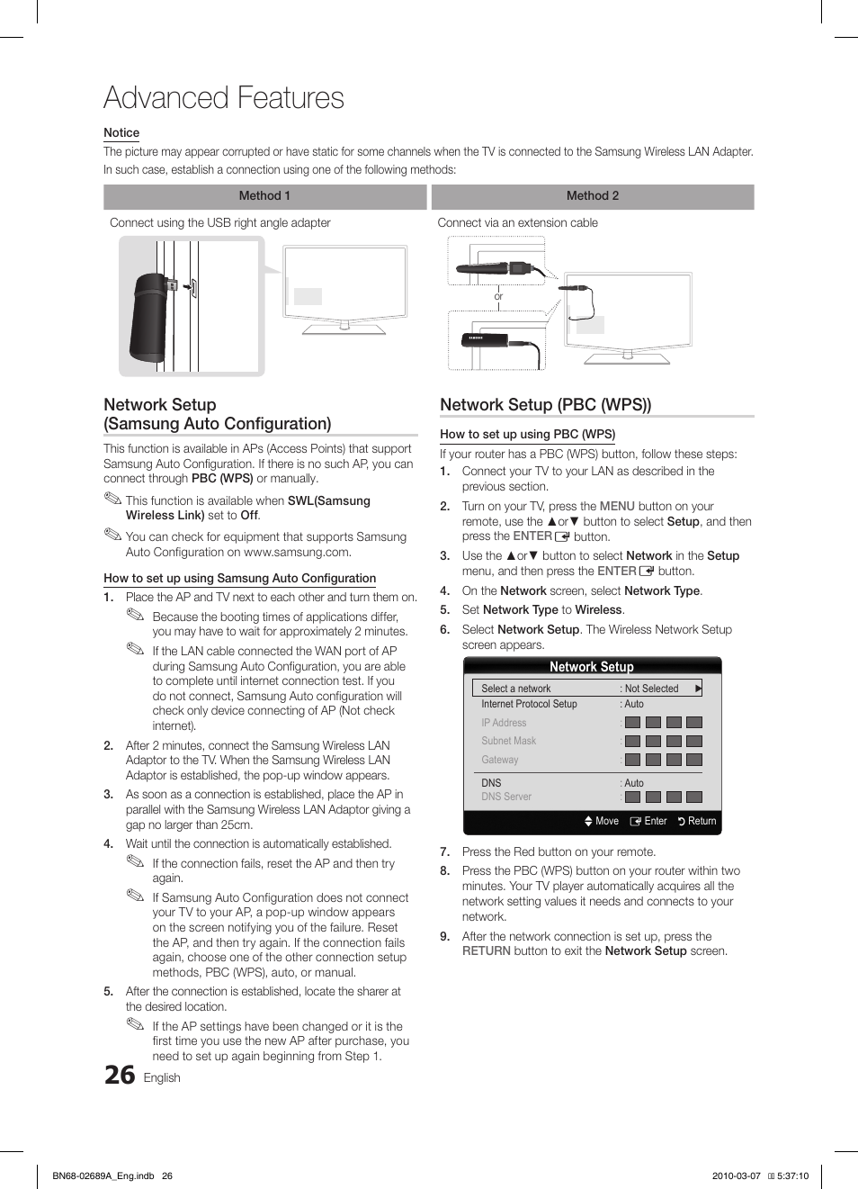 Advanced features, Network setup (samsung auto configuration), Network setup (pbc (wps)) | Samsung LE40C630K1W User Manual | Page 26 / 491