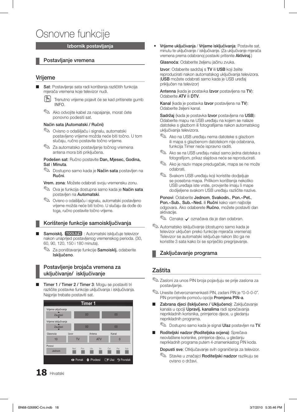 Osnovne funkcije, Vrijeme, Zaštita | Samsung LE40C630K1W User Manual | Page 263 / 491