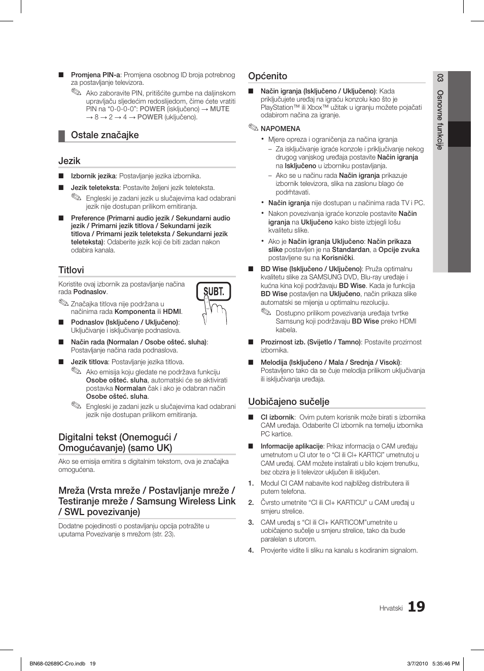 S.mode p.mode, Ostale značajke ¦ jezik, Titlovi | Općenito, Uobičajeno sučelje | Samsung LE40C630K1W User Manual | Page 264 / 491