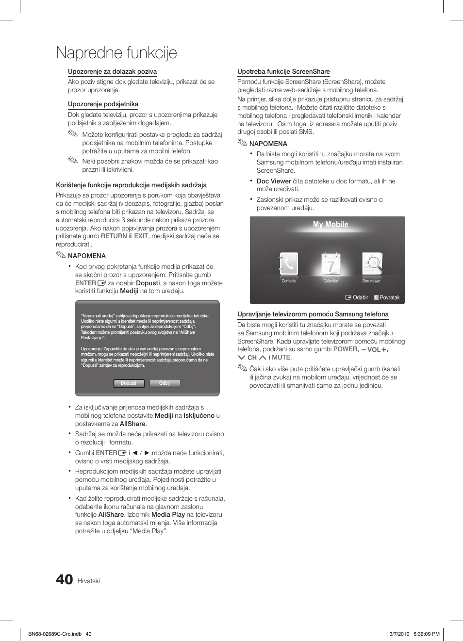 Napredne funkcije | Samsung LE40C630K1W User Manual | Page 285 / 491