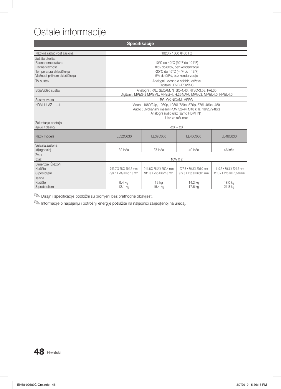 Ostale informacije | Samsung LE40C630K1W User Manual | Page 293 / 491