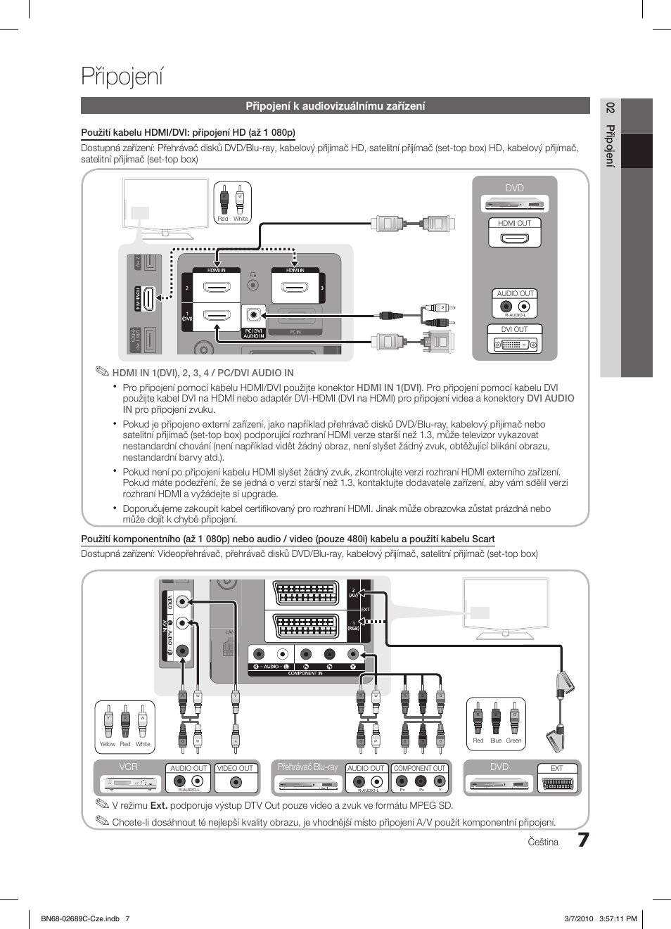 Připojení, 02 připojení, Připojení k audiovizuálnímu zařízení | Čeština, Dvd přehrávač blu-ray dvd vcr | Samsung LE40C630K1W User Manual | Page 301 / 491