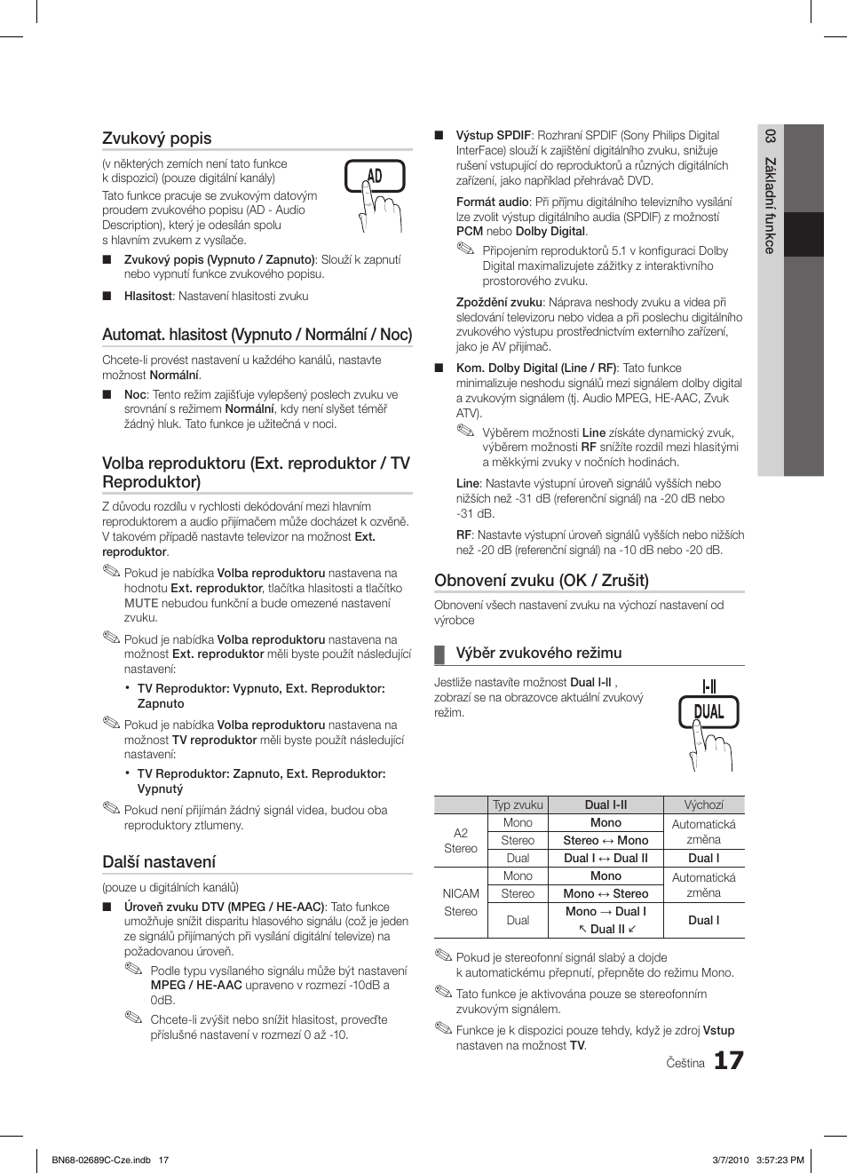 S.mode p.mode s.mode p.mode, Zvukový popis, Automat. hlasitost (vypnuto / normální / noc) | Další nastavení, Obnovení zvuku (ok / zrušit) | Samsung LE40C630K1W User Manual | Page 311 / 491