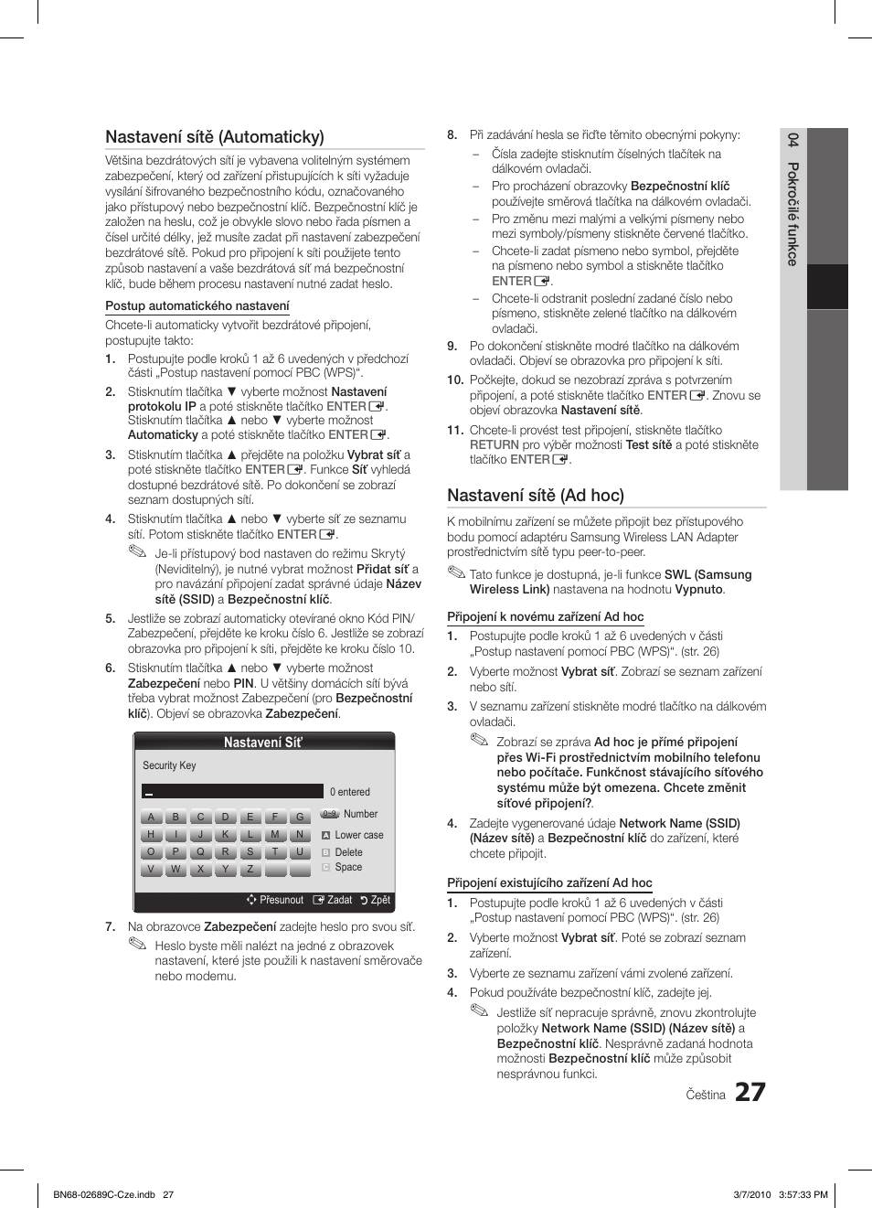 Nastavení sítě (automaticky), Nastavení sítě (ad hoc) | Samsung LE40C630K1W User Manual | Page 321 / 491