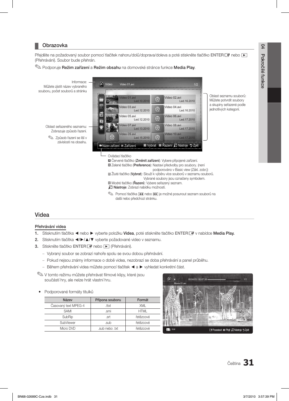 Videa, Obrazovka | Samsung LE40C630K1W User Manual | Page 325 / 491