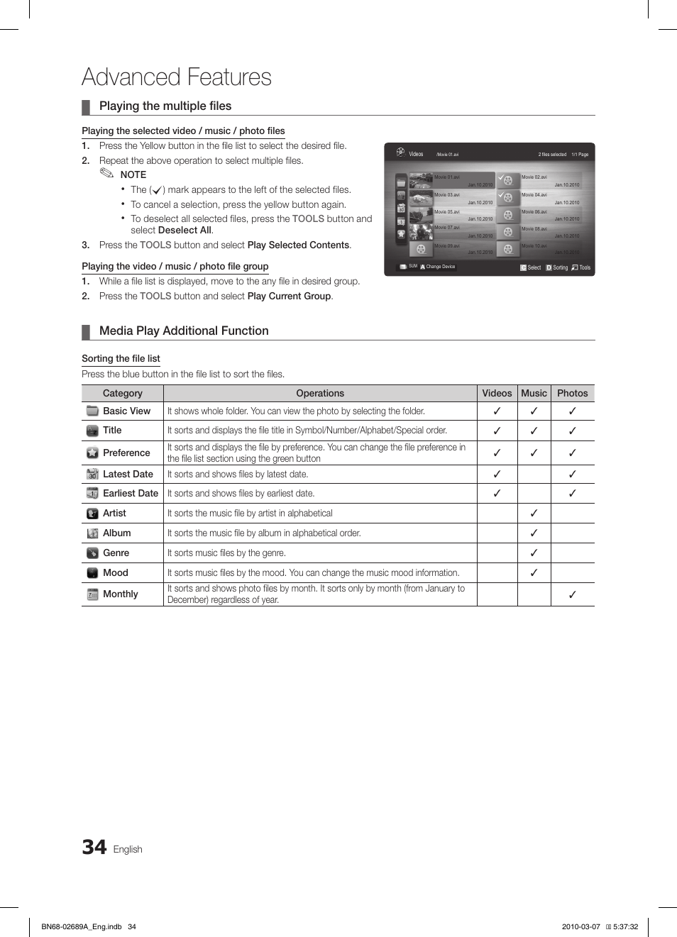 Advanced features, Playing the multiple files, Media play additional function | Samsung LE40C630K1W User Manual | Page 34 / 491