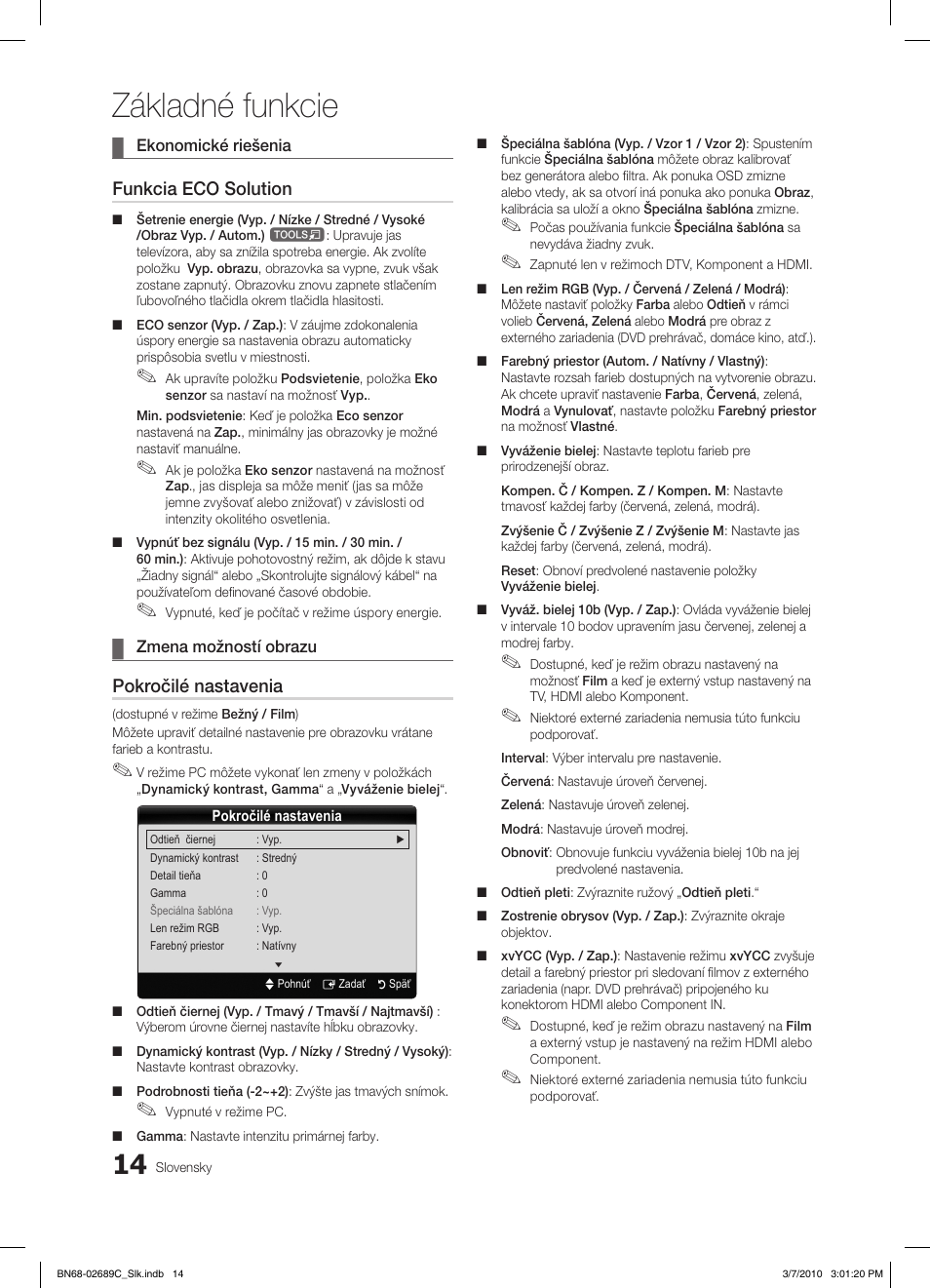 Základné funkcie, Funkcia eco solution, Pokročilé nastavenia | Samsung LE40C630K1W User Manual | Page 357 / 491