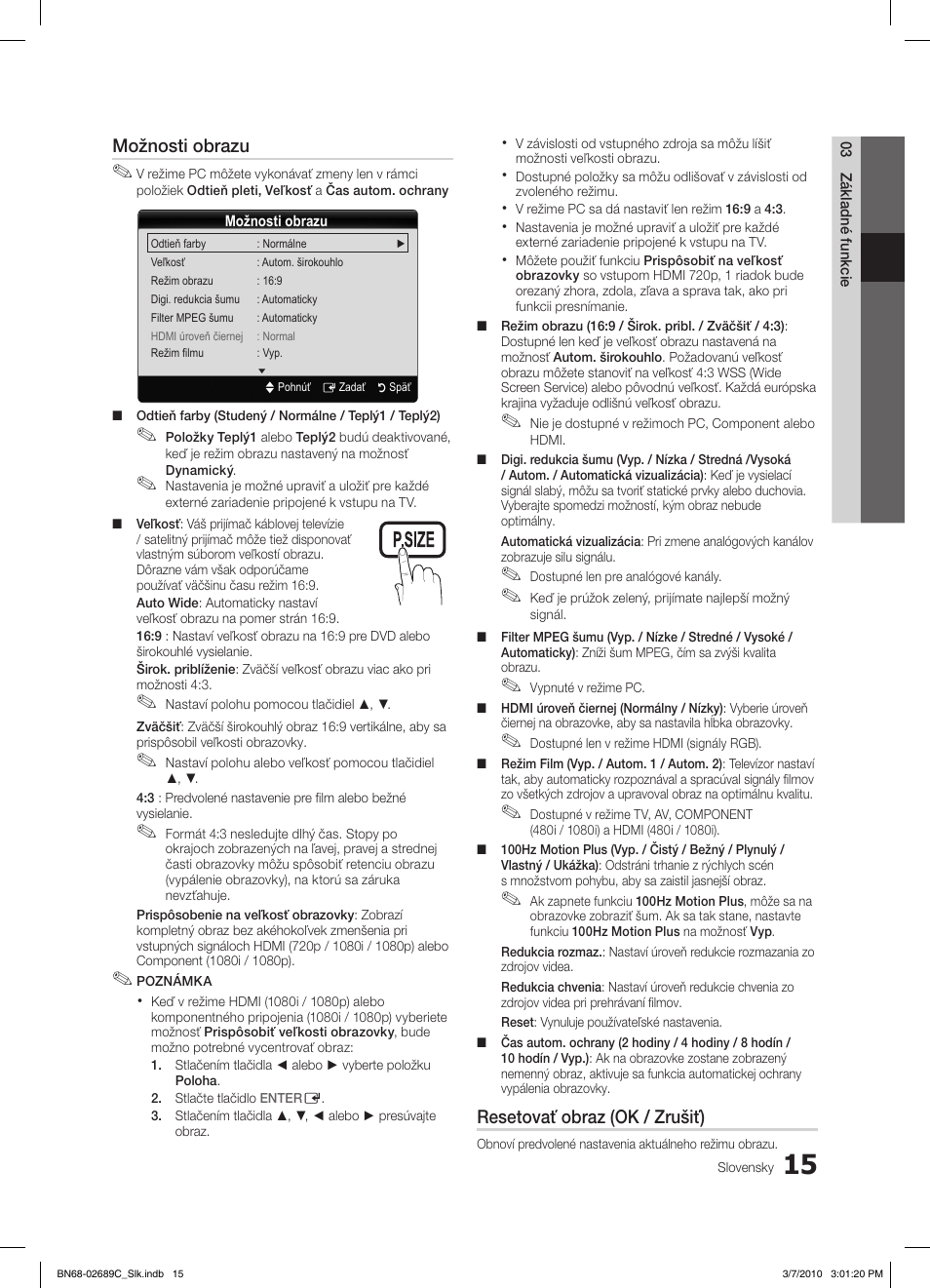 S.mode p.mode, Možnosti obrazu, Resetovať obraz (ok / zrušiť) | Samsung LE40C630K1W User Manual | Page 358 / 491