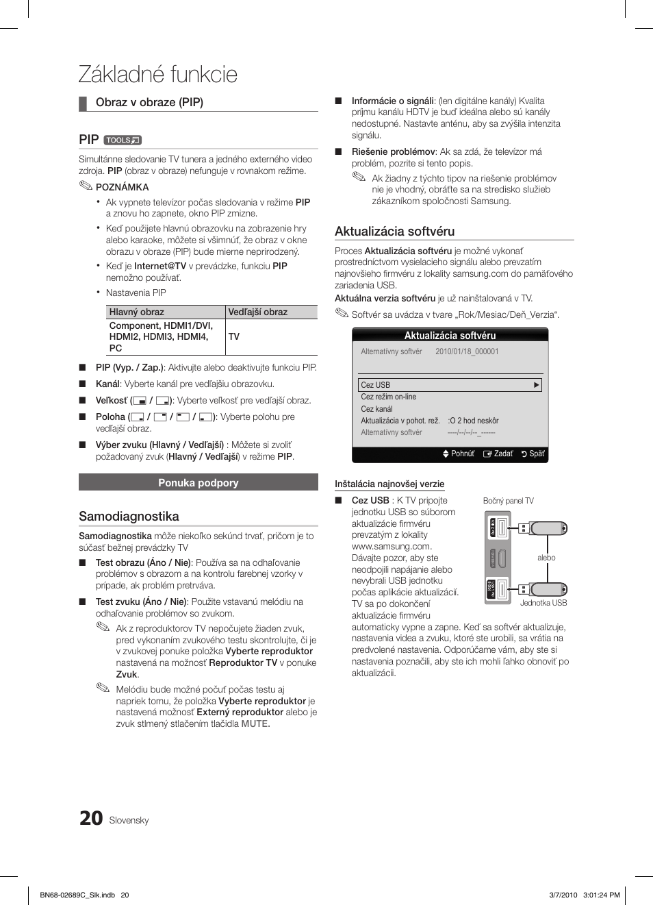 Základné funkcie, Samodiagnostika, Aktualizácia softvéru | Samsung LE40C630K1W User Manual | Page 363 / 491