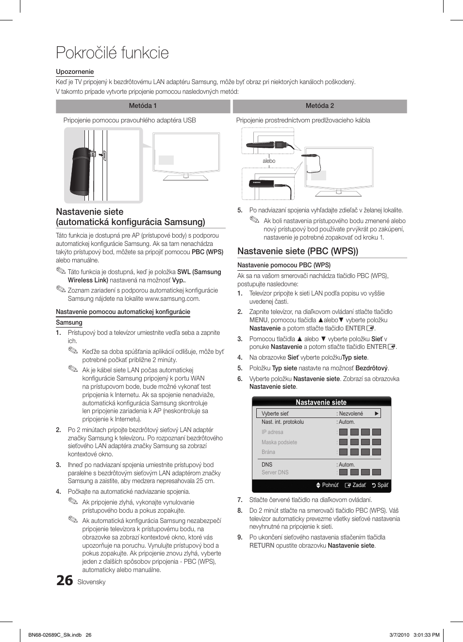 Pokročilé funkcie, Nastavenie siete (pbc (wps)) | Samsung LE40C630K1W User Manual | Page 369 / 491