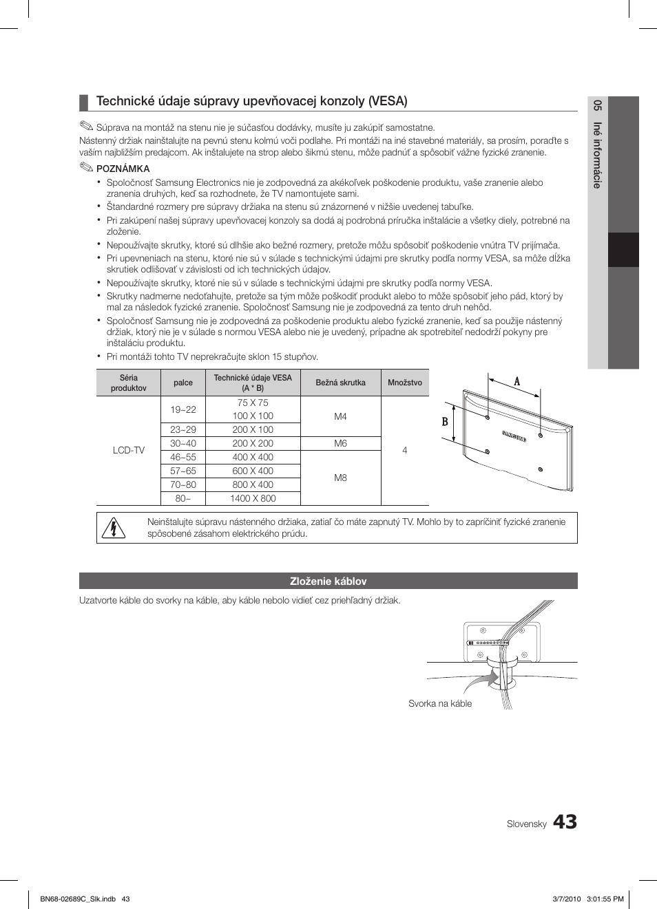 Technické údaje súpravy upevňovacej konzoly (vesa) | Samsung LE40C630K1W User Manual | Page 386 / 491