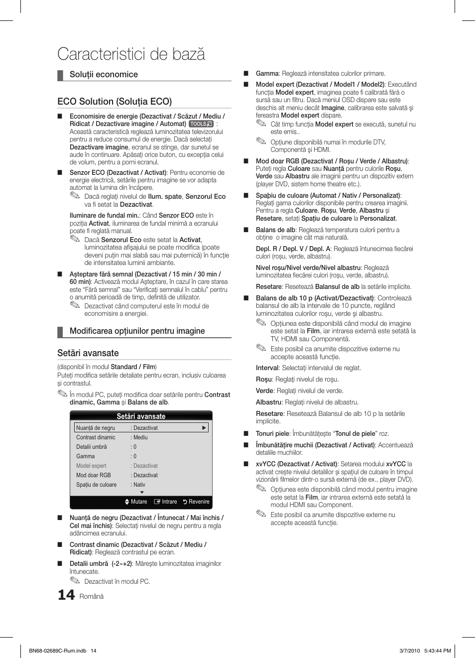 Caracteristici de bază, Eco solution (soluţia eco), Setări avansate | Samsung LE40C630K1W User Manual | Page 406 / 491