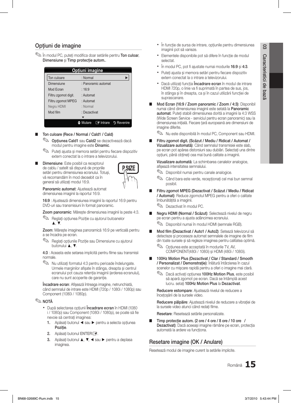 S.mode p.mode, Opţiuni de imagine, Resetare imagine (ok / anulare) | Samsung LE40C630K1W User Manual | Page 407 / 491