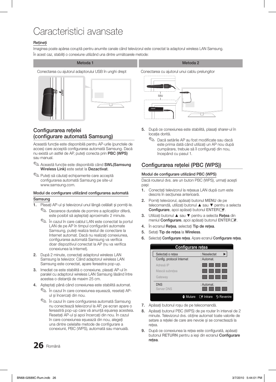 Caracteristici avansate, Configurarea reţelei (pbc (wps)) | Samsung LE40C630K1W User Manual | Page 418 / 491