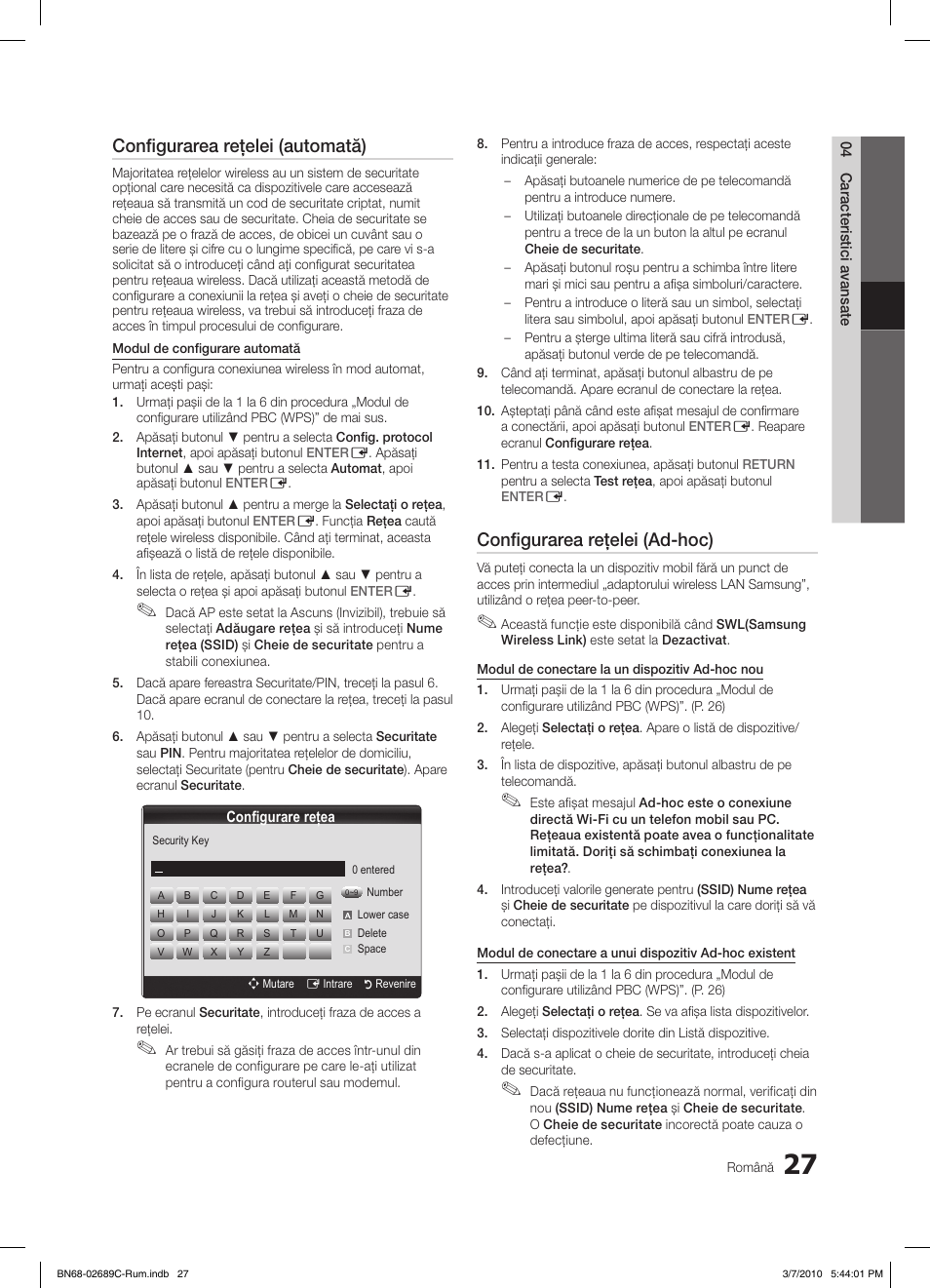 Configurarea reţelei (automată), Configurarea reţelei (ad-hoc) | Samsung LE40C630K1W User Manual | Page 419 / 491