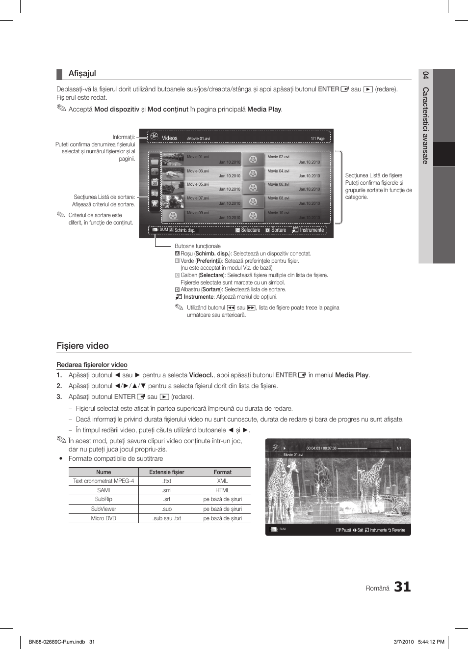 Fişiere video, Afişajul | Samsung LE40C630K1W User Manual | Page 423 / 491