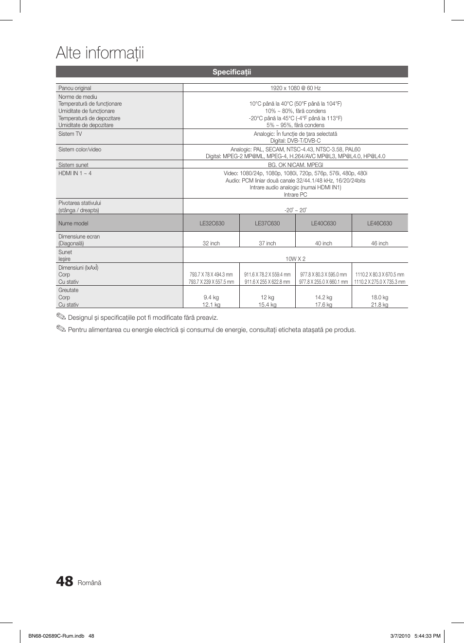 Alte informaţii | Samsung LE40C630K1W User Manual | Page 440 / 491