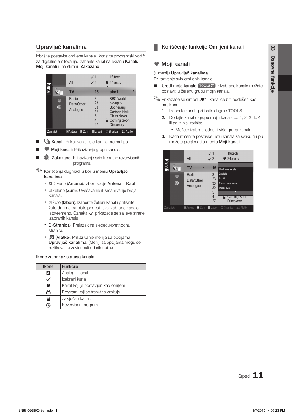 Upravljač kanalima, Moji kanali, Korišćenje funkcije omiljeni kanali | Samsung LE40C630K1W User Manual | Page 452 / 491