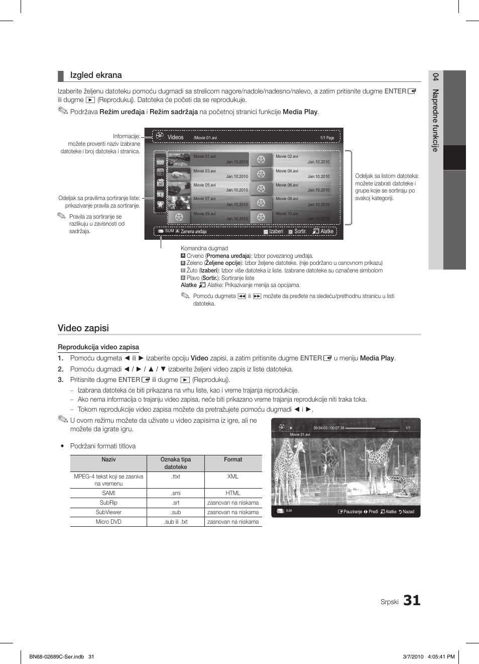 Video zapisi, Izgled ekrana | Samsung LE40C630K1W User Manual | Page 472 / 491