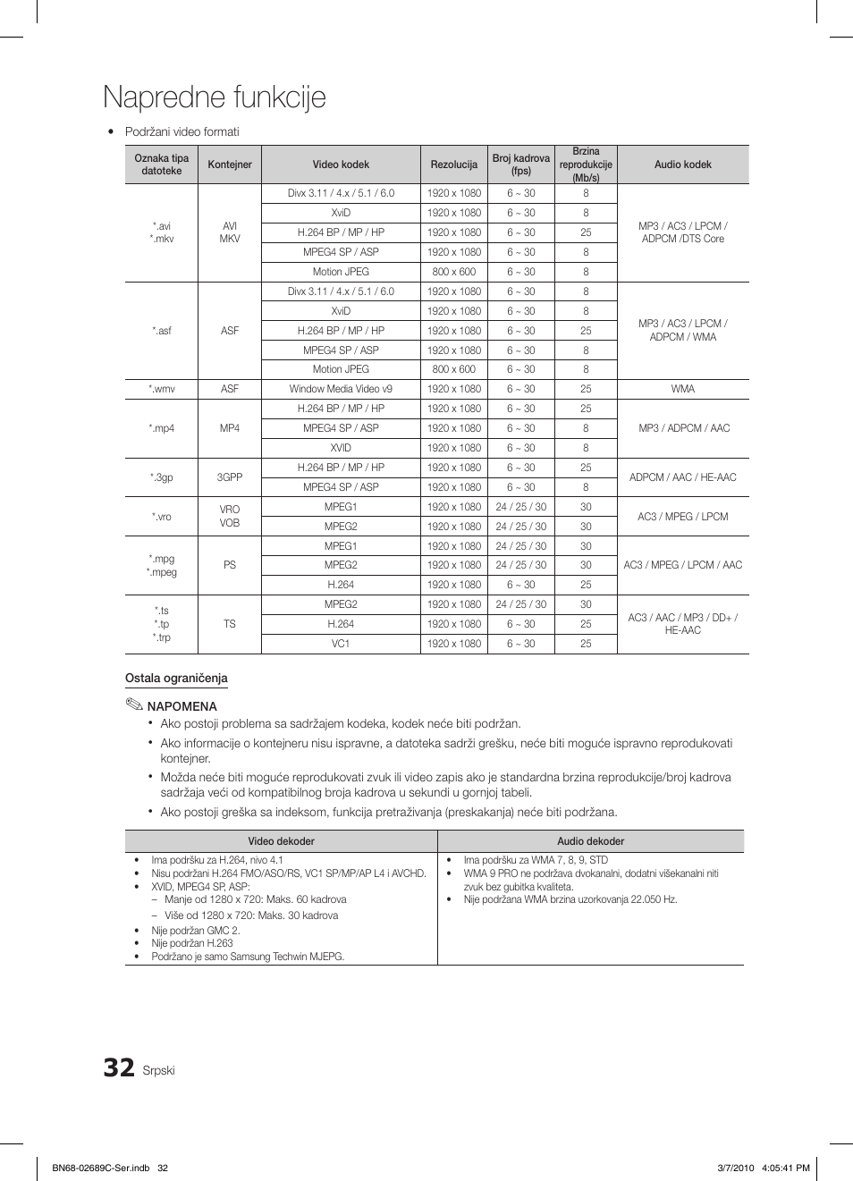 Napredne funkcije | Samsung LE40C630K1W User Manual | Page 473 / 491