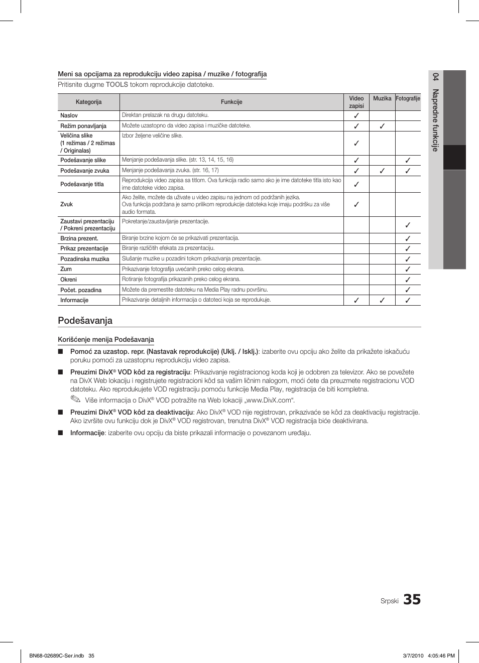 Podešavanja | Samsung LE40C630K1W User Manual | Page 476 / 491