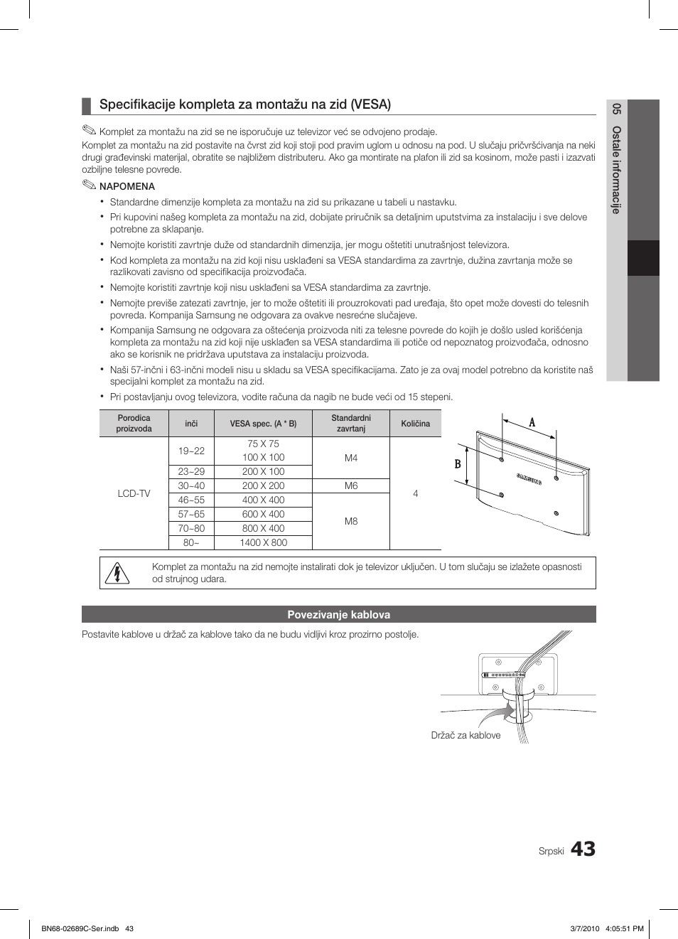 Specifikacije kompleta za montažu na zid (vesa) | Samsung LE40C630K1W User Manual | Page 484 / 491