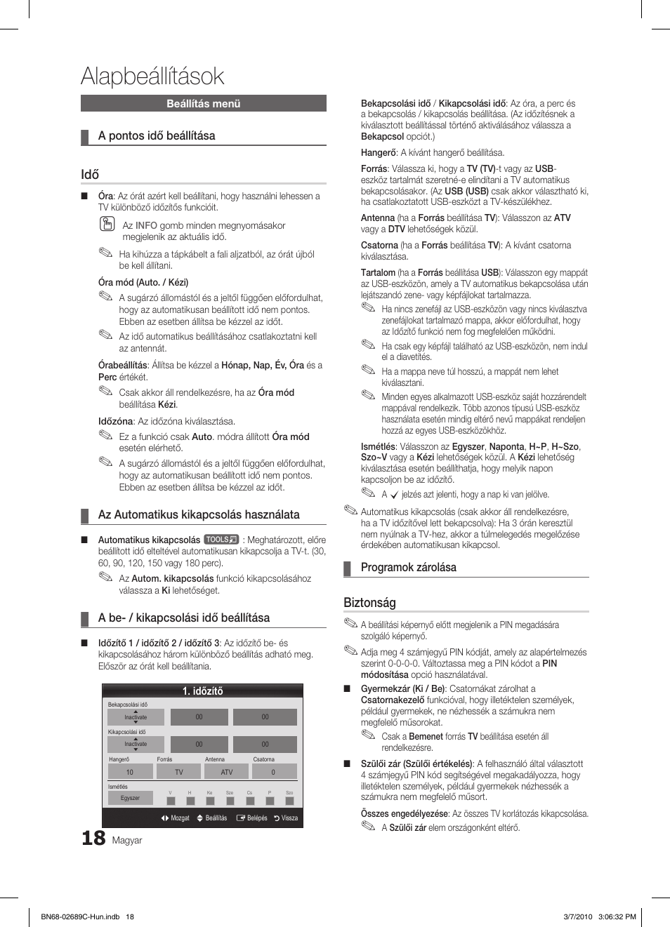 Alapbeállítások, Biztonság | Samsung LE40C630K1W User Manual | Page 67 / 491