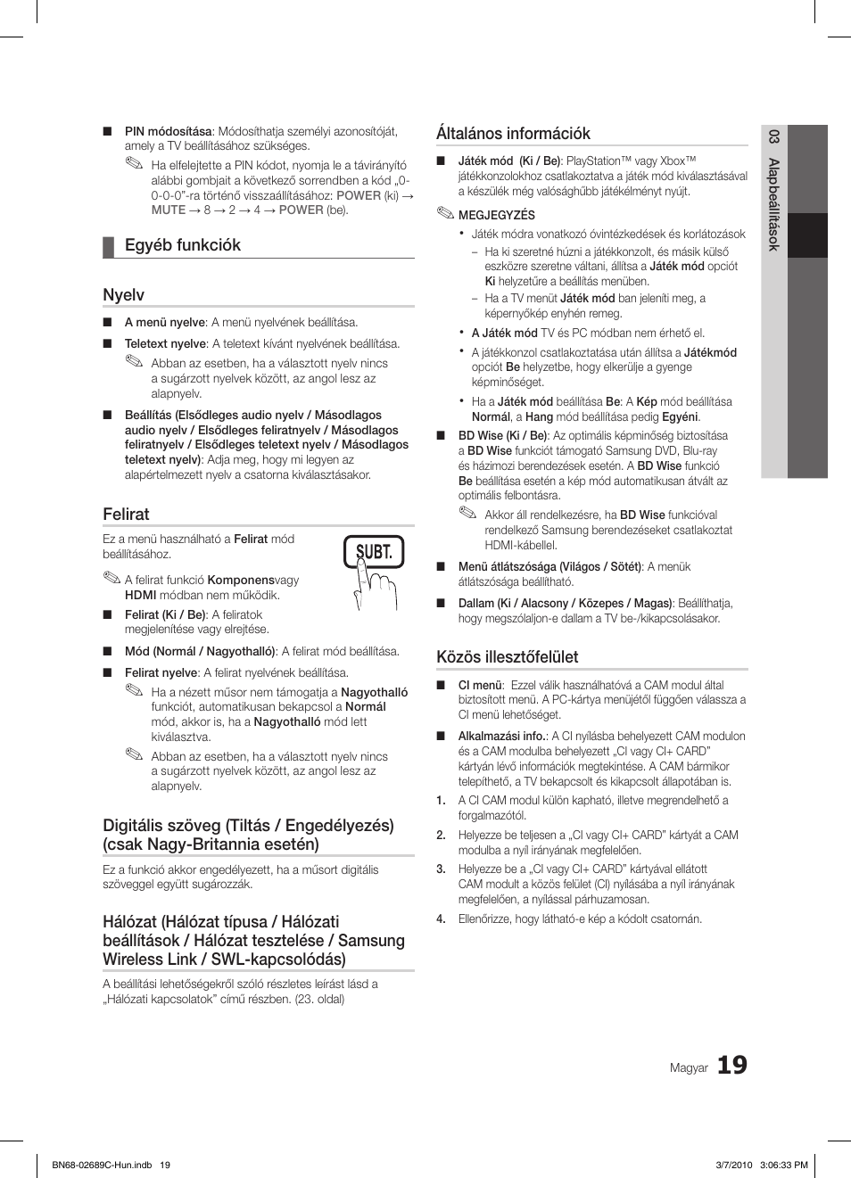 S.mode p.mode, Egyéb funkciók ¦ nyelv, Felirat | Általános információk, Közös illesztőfelület | Samsung LE40C630K1W User Manual | Page 68 / 491