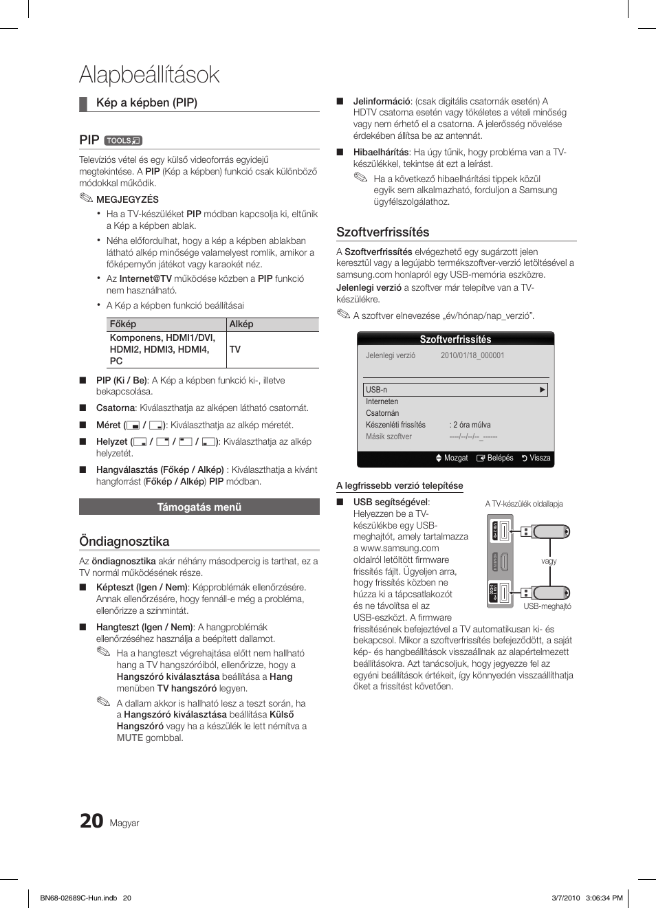 Alapbeállítások, Öndiagnosztika, Szoftverfrissítés | Samsung LE40C630K1W User Manual | Page 69 / 491